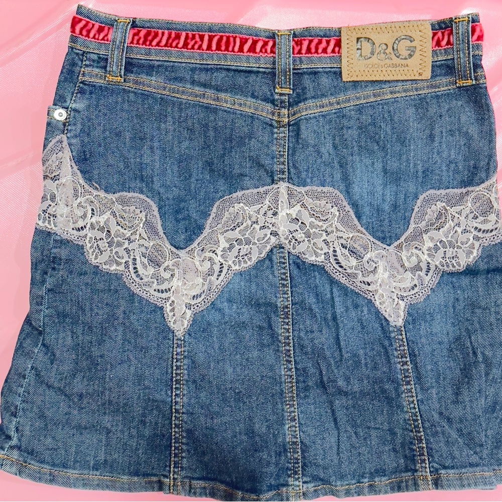 D&G Denim Skirt with Lace and Red Accents